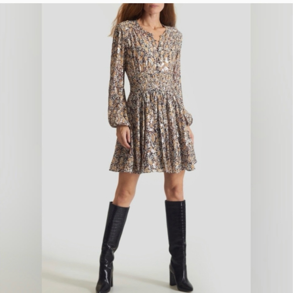 Maje Smocked Waist Mini Dress Shimmery Black and Tan color size L/XL
